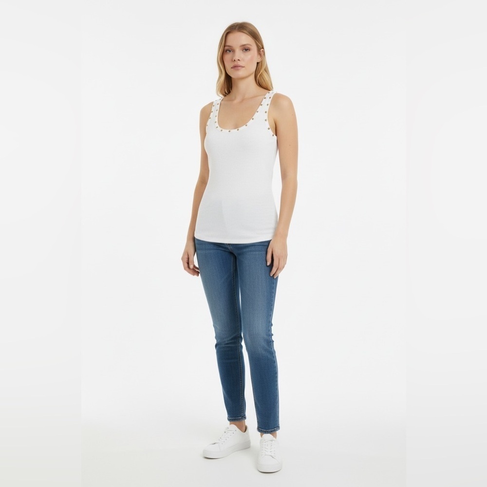 POL White Ribbed Studded Tank Top Size L